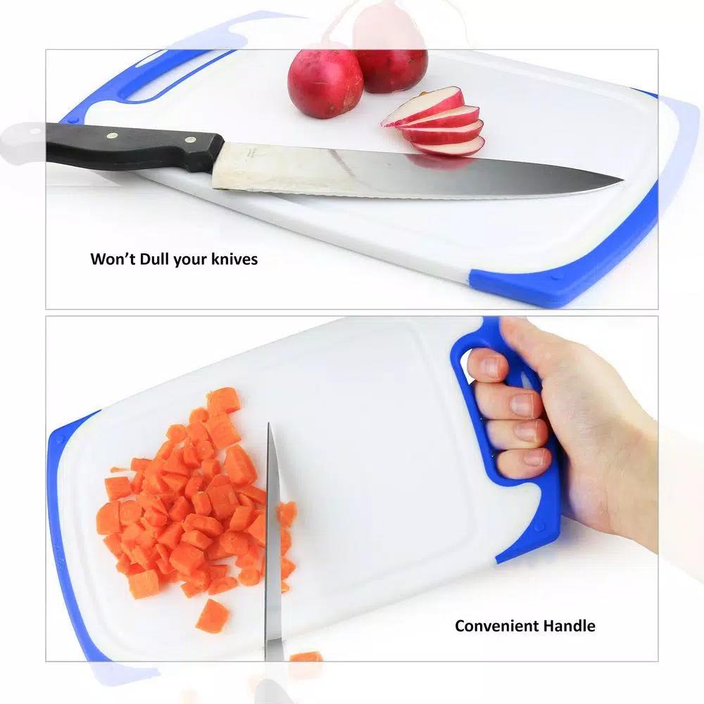 Belwares 3-Piece Plastic Cutting Board Set with Non-Slip Feet and Deep Drip Grooves, Blue