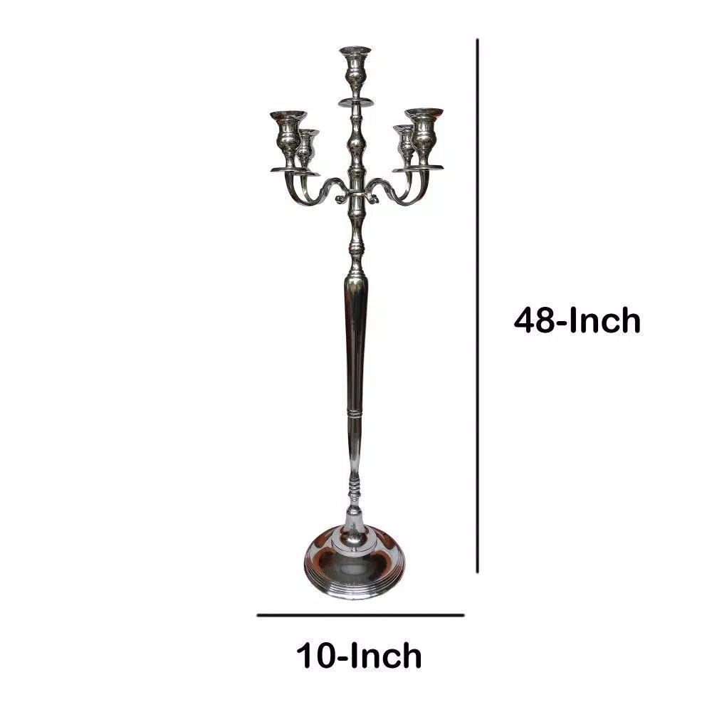 Benjara 48-Inch Silver Handcrafted Aluminum 5-Arm Candelabra with Fluted Tops
