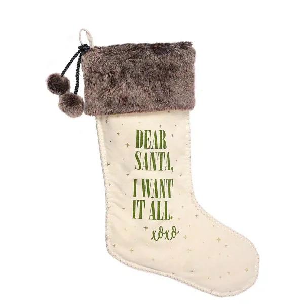 Amscan 21.5 in. Dear Santa Fabric Christmas Stocking with Silver Pom-Poms and Lining
