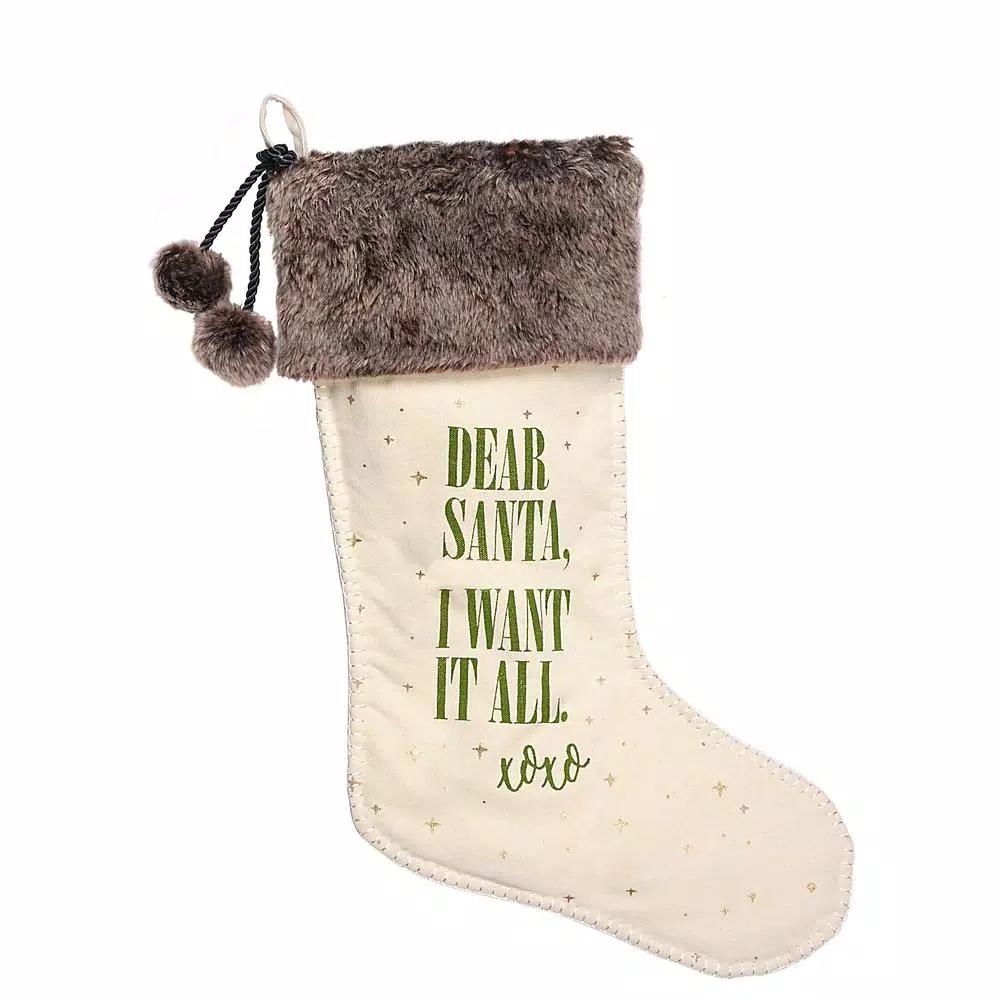 Amscan 21.5 in. Dear Santa Fabric Christmas Stocking with Silver Pom-Poms and Lining