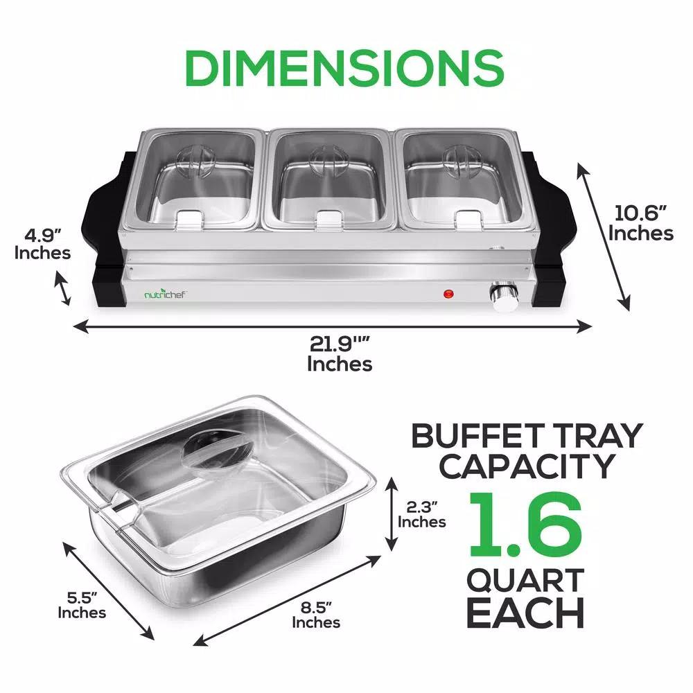 NutriChef 21.9 in. Stainless Steel 3-Plate Electric Buffet Server Food Warming Tray