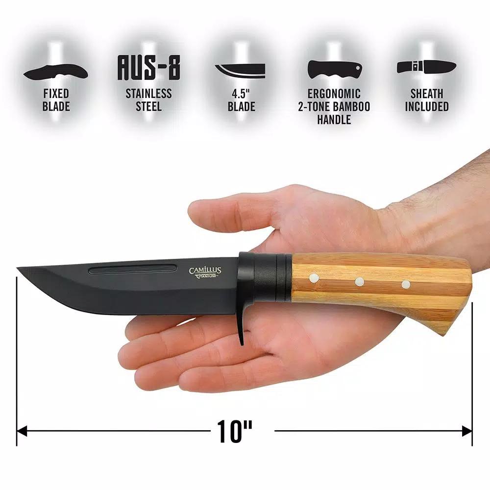 Camillus 9.75 in. Fixed Blade Knife with Carbonitride Titanium AUS-8 Steel and Bamboo Handle