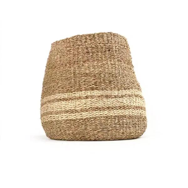 Zentique Hand Woven Seagrass and Palm Leaf Decorative Basket with Beige Stripes, Medium