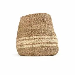 Zentique Hand Woven Seagrass and Palm Leaf Decorative Basket with Beige Stripes, Medium thumbnail 1
