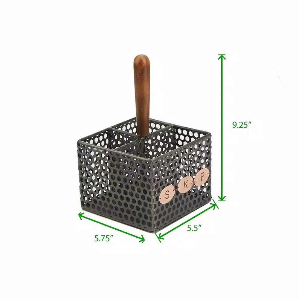 Mind Reader Black Metal 4-Compartment Utensil Basket with Wood Handle - Flatware & Cutlery Organizer