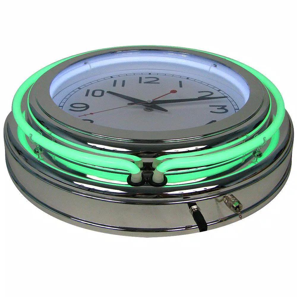 Trademark Green Double Ring Neon Wall Clock - 14 in. Retro Chrome Design