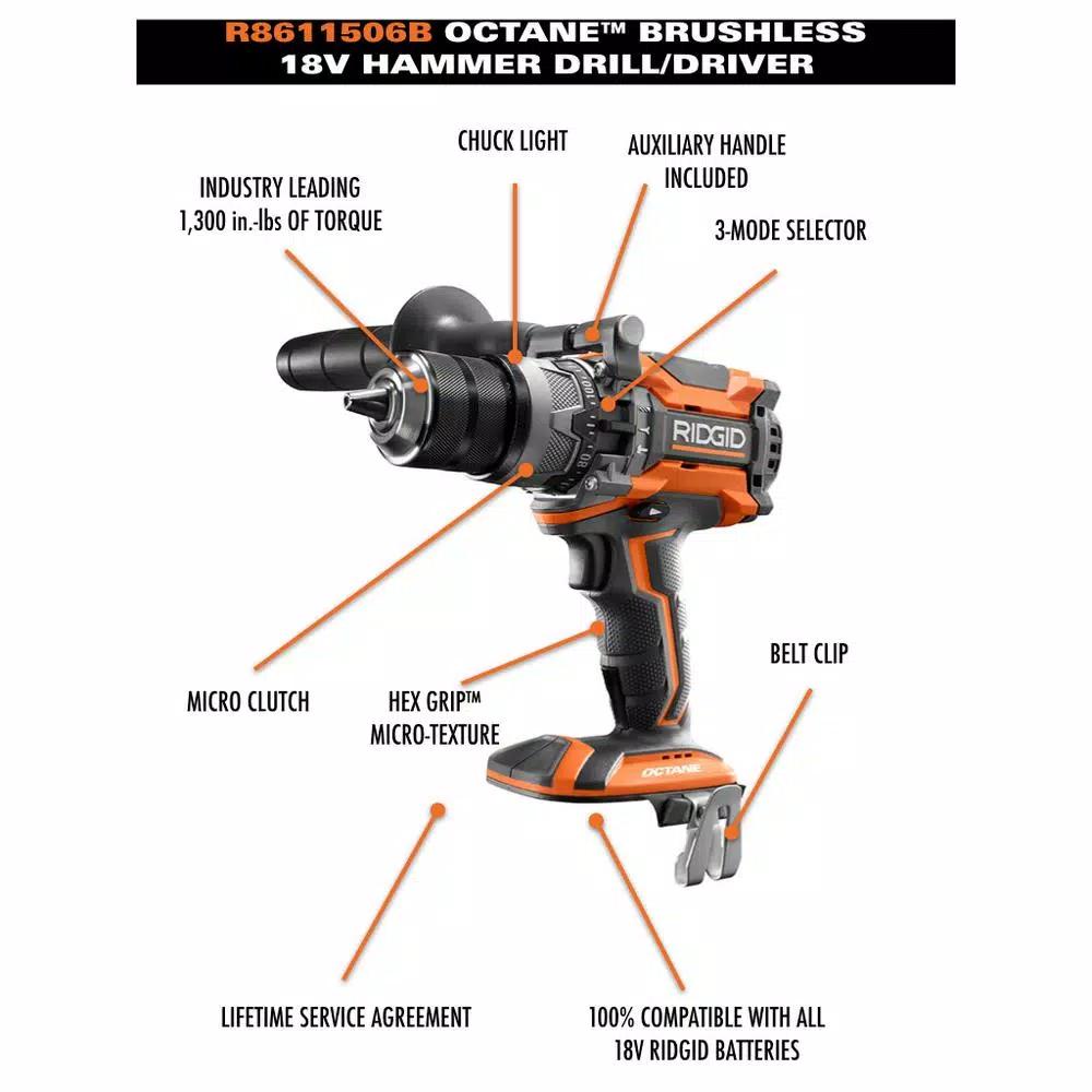 RIDGID 18V OCTANE Brushless 1/2 in. Cordless Hammer Drill/Driver (Tool Only)