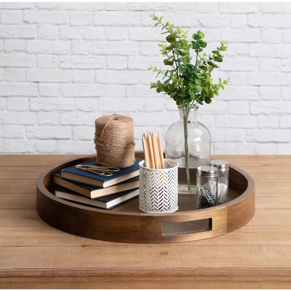 Kate and Laurel Hutton 18.25 in. Round Rustic Brown Wooden Decorative Serving Tray with Built-in Handles