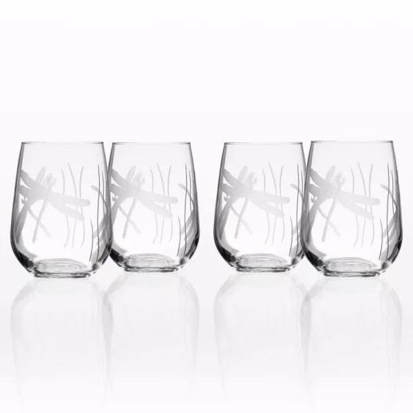 Rolf Glass Dragonfly 17 oz. Etched Stemless Wine Glass Set of 4, Clear Glassware