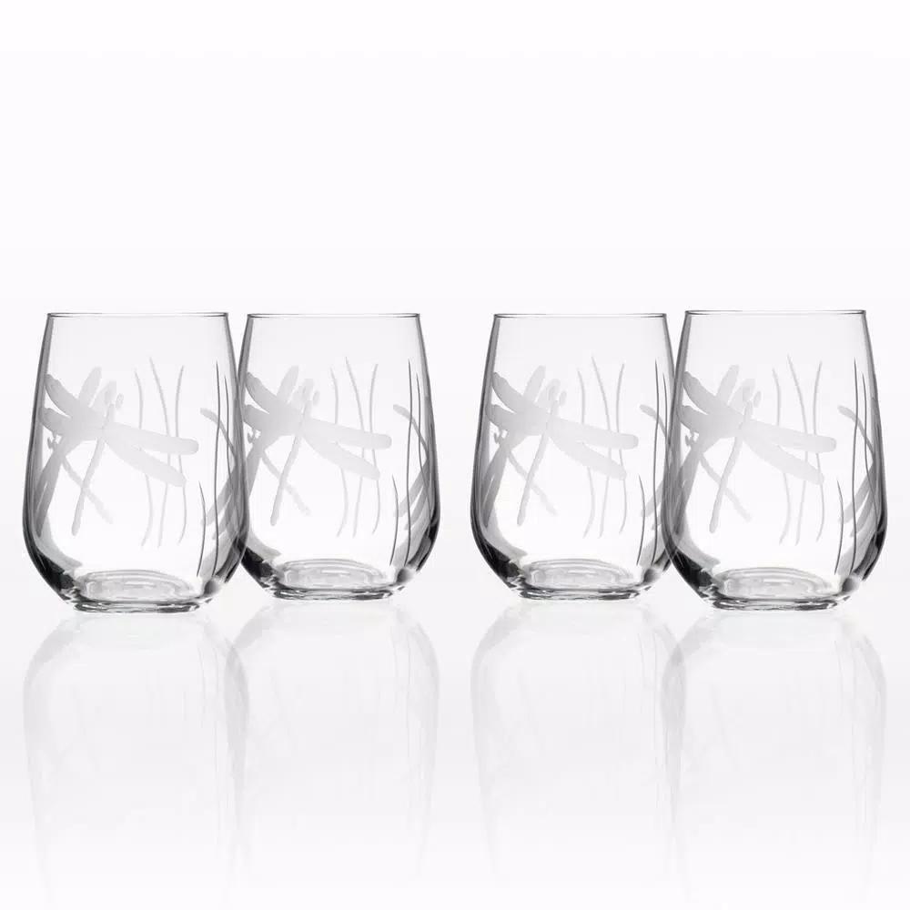 Rolf Glass Dragonfly 17 oz. Etched Stemless Wine Glass Set of 4, Clear Glassware