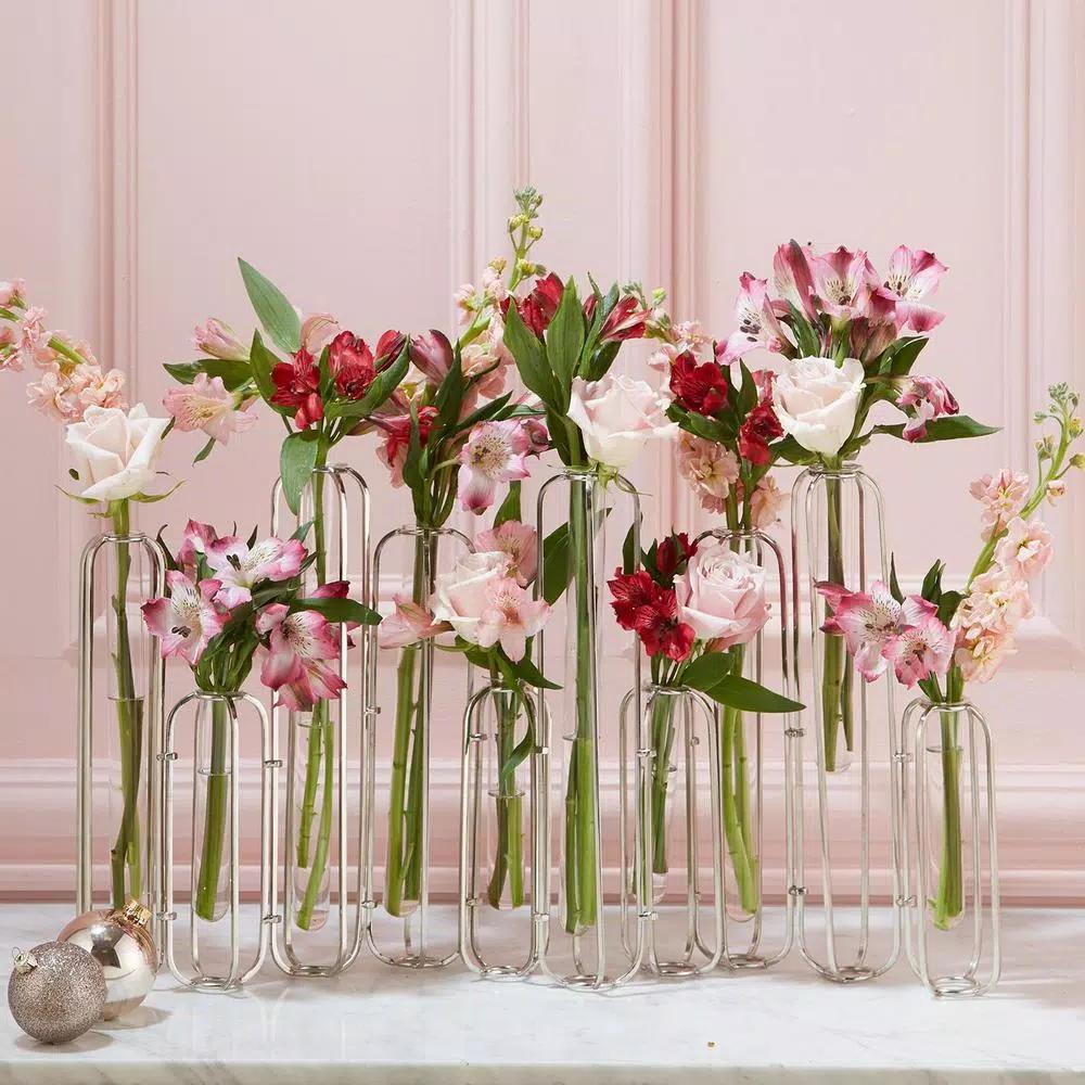 Two's Company Lavoisier Gold Stainless Steel and Glass Hinged Flower Vases, Set of 10