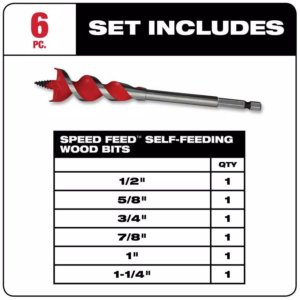 Milwaukee Speed Feed Self-Feeding Auger Wood Bit Set, 6-Piece Carbide Drill Bit Kit