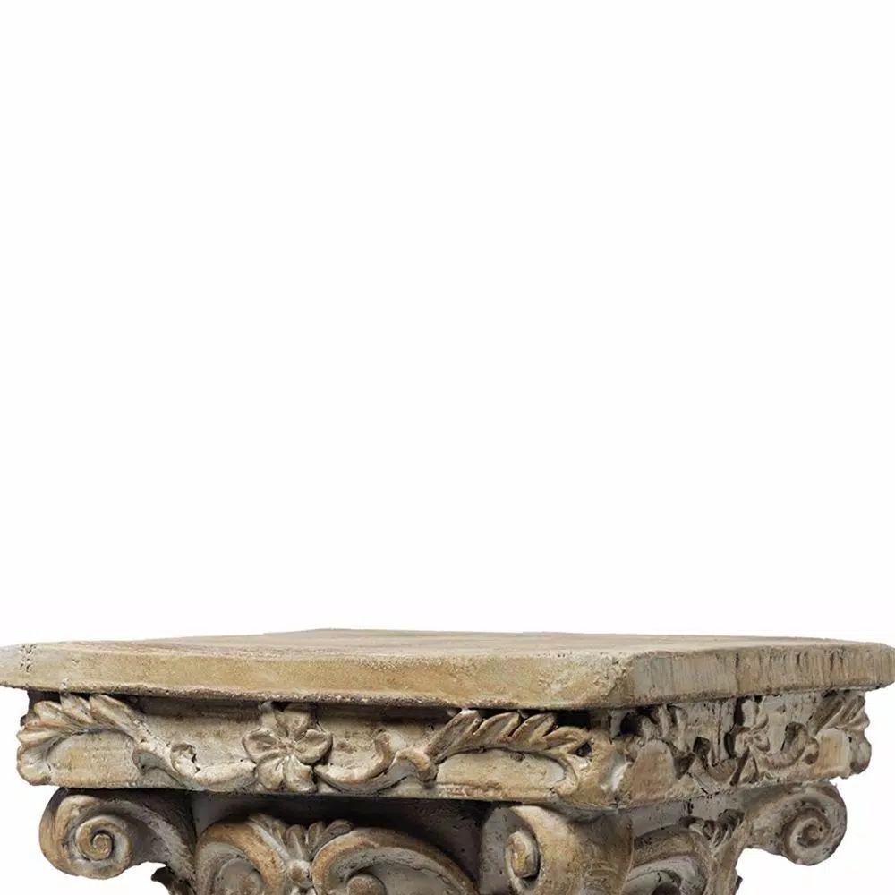 Benjara Aesthetic Resin Decorative Pedestal with Acanthus Leaf Design and Scrolled Details, Brown