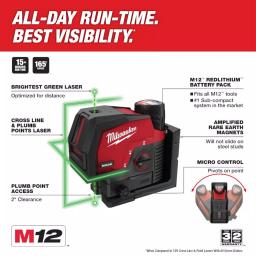 Milwaukee M12 Green Cross Line and Plumb Points Laser Level Kit with 3.0 Ah Battery thumbnail 2
