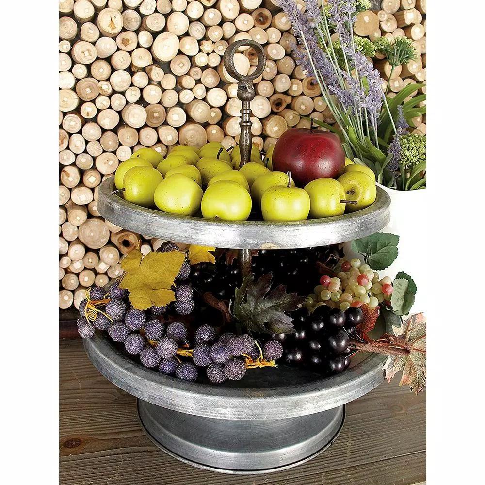 Benzara Modern 2-Tier Metal Serving Tray Stand with Handle, Galvanized Round Trays