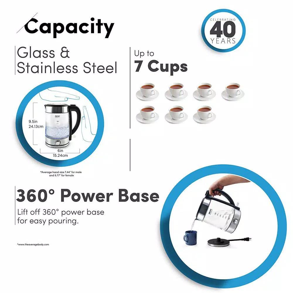 Aroma Stainless Steel Electric Kettle with German Glass, 1.2L Capacity, 1500W