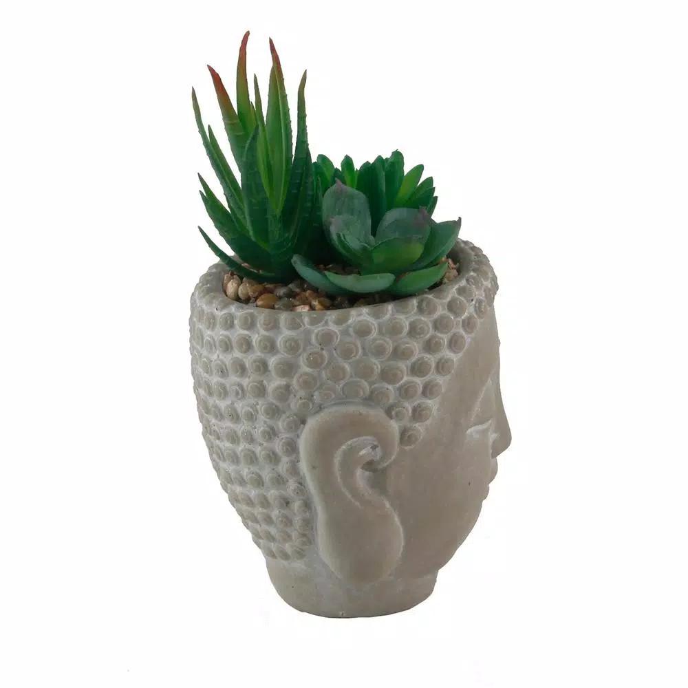 Flora Bunda 8 in. Faux Succulent Mix in Cement Buddha Planter
