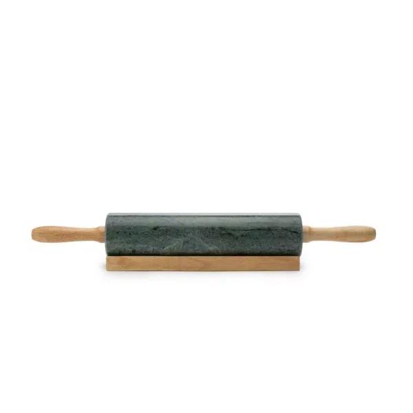 Fox Run Green Marble Rolling Pin with Wooden Handles and Base