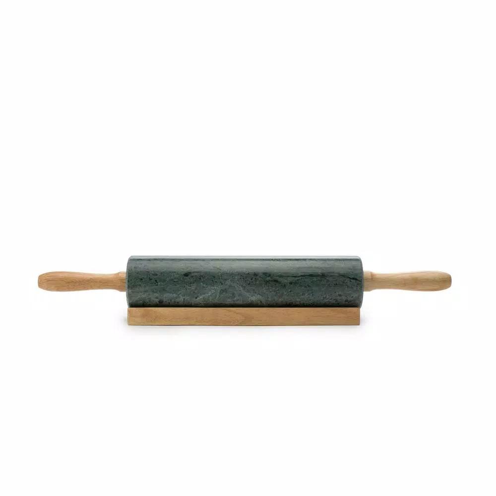 Fox Run Green Marble Rolling Pin with Wooden Handles and Base