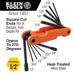 Klein Tools Pro Folding Hex Key Set, 11-Piece SAE Extended Reach thumbnail 2