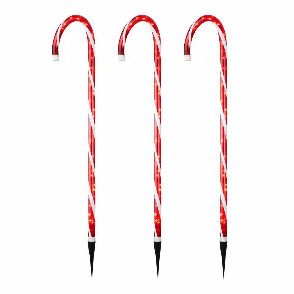 Home Accents Holiday 4 ft. Lighted Candy Cane Pathway Stakes, Set of 3, Red and White Incandescent Lights