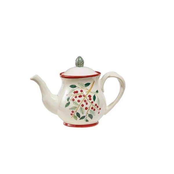 Park Designs Simply Holly Ceramic Teapot with Lid, 4-Cup Stoneware Beverage Serveware