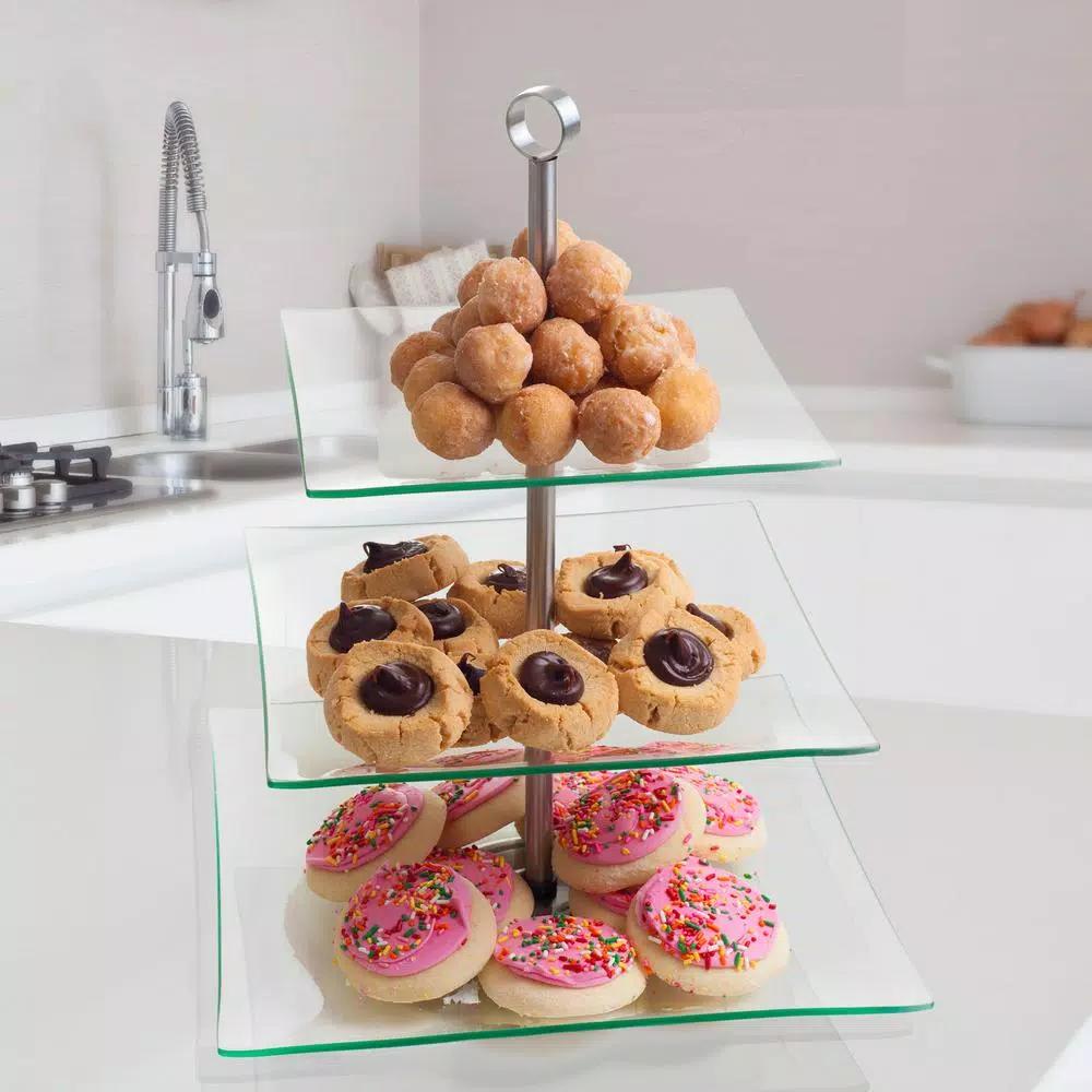Chef Buddy 3-Tier Square Glass Cake Stand with Stainless Steel Base