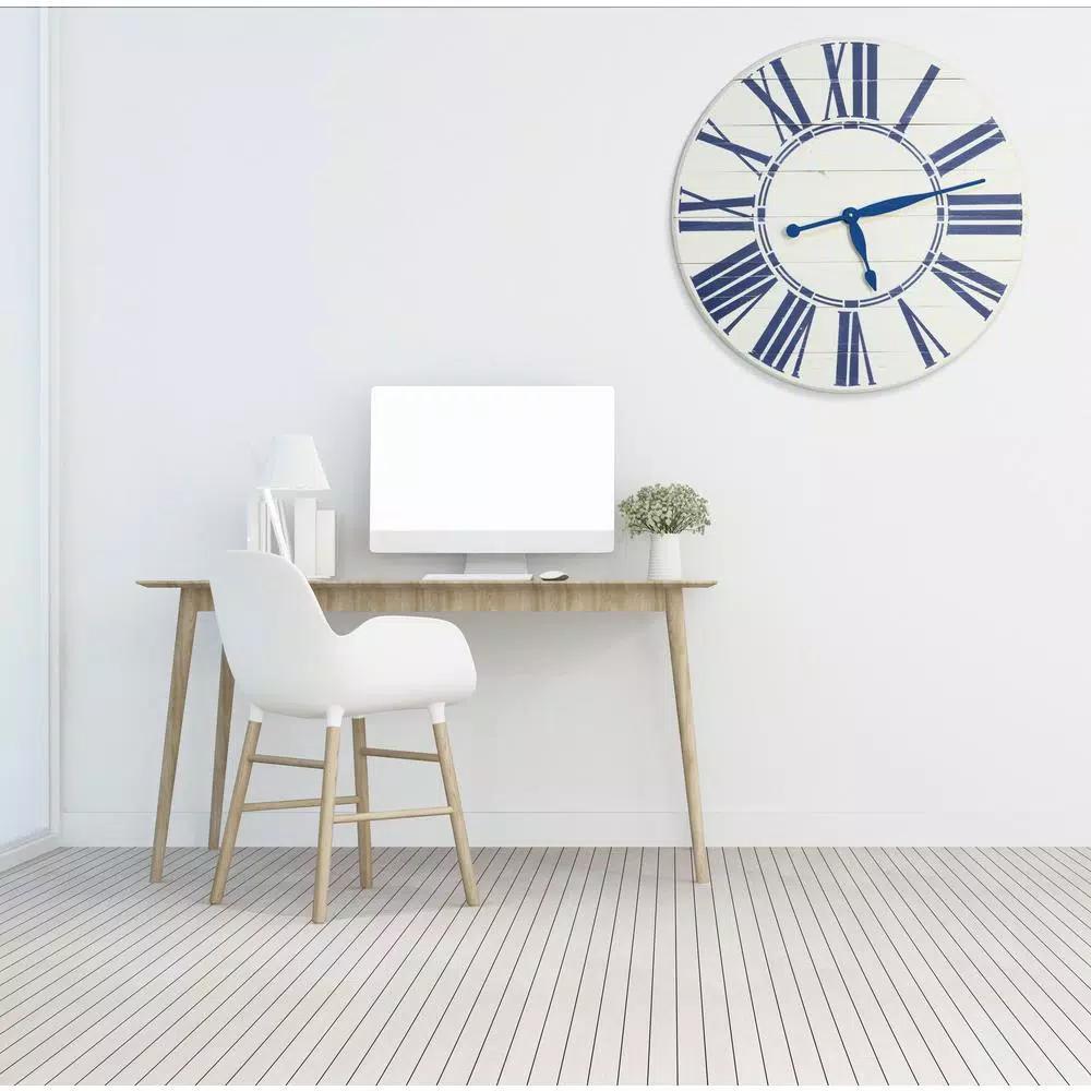 BrandtWorks 24 in. Navy Nautical Oversized Farmhouse Wall Clock - Distressed White & Blue