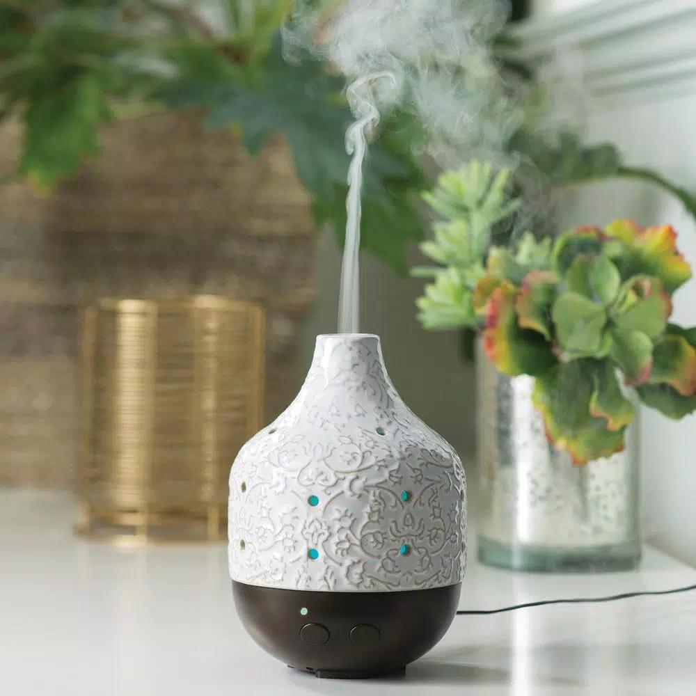 Airome 9.9 in. Botanical Ceramic Essential Oil Diffuser with Decorative Scroll Motif