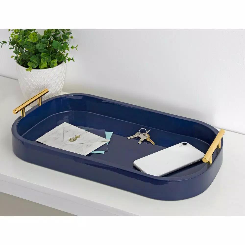 Kate and Laurel Lipton Navy Blue Decorative Wood Tray with Gold Handles
