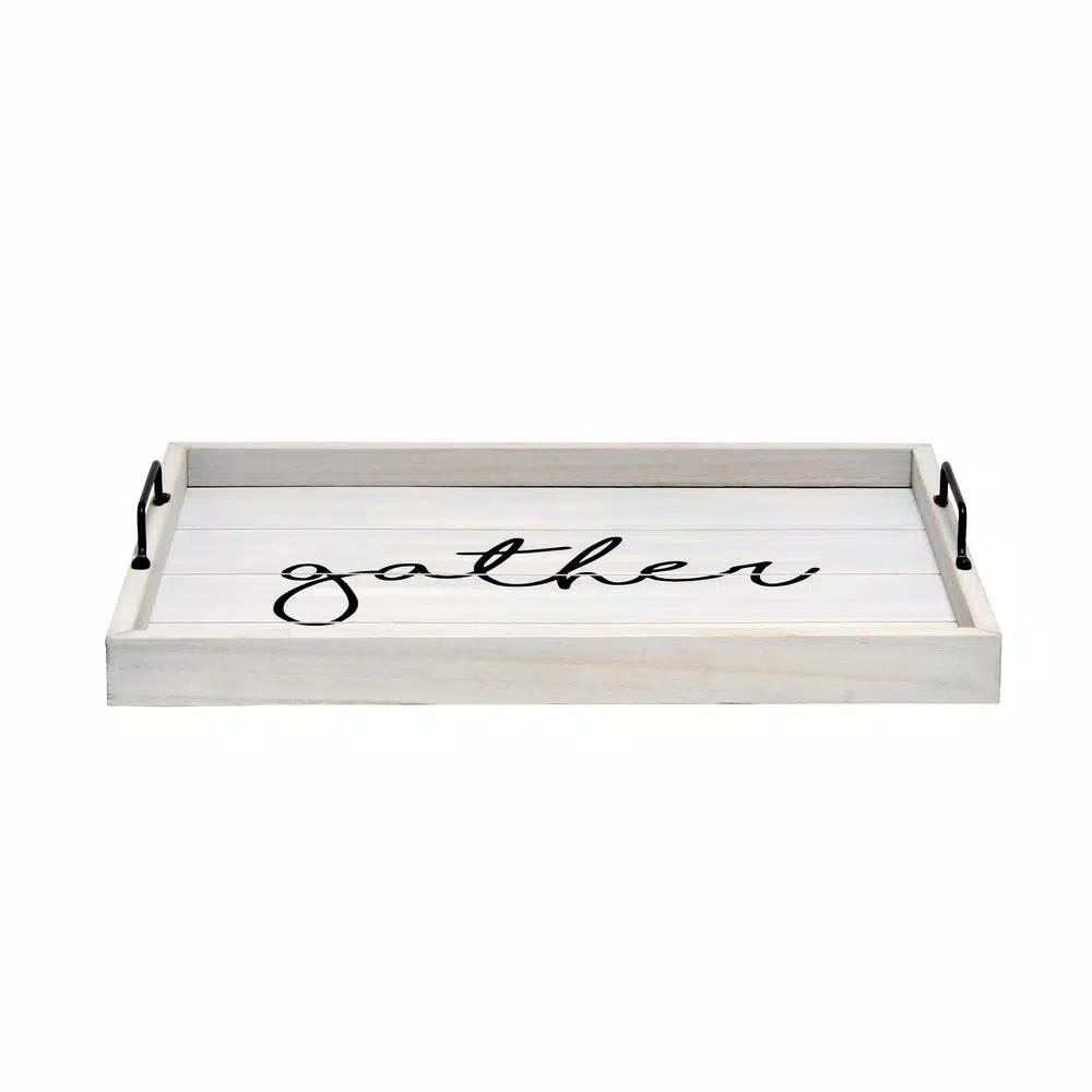 Elegant Designs Gather Gray Wash Decorative Wood Serving Tray with Black Metal Handles