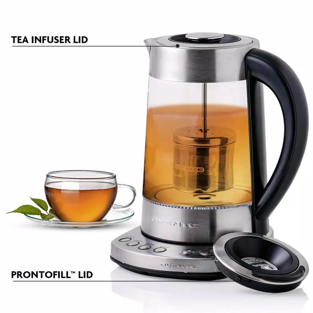 Ovente 1.7L Variable Temperature Glass Electric Kettle with ProntoFill Technology, Silver