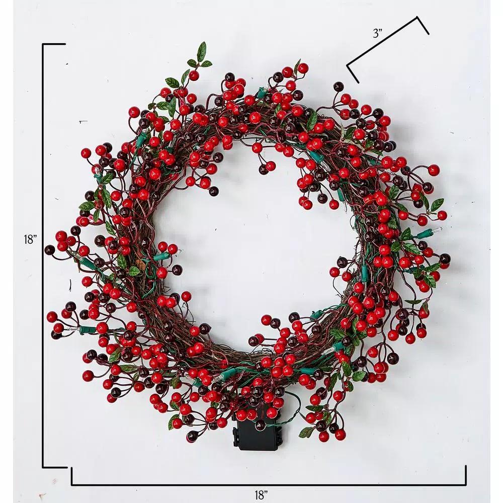 Worth Imports 18 in. Artificial Lighted Holiday Wreath with Poinsettias, Berries, and Timer