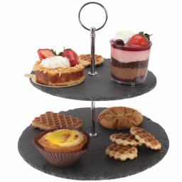 Creative Home 2-Tier Natural Black Slate Cake Stand with Zinc Alloy Handles - 12 inch Round Dessert Serving Tray thumbnail 4
