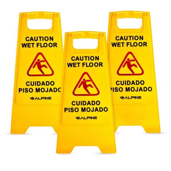 Alpine Industries 24 in. Yellow Bilingual Wet Floor Sign, 2-Sided A-Frame, 3-Pack