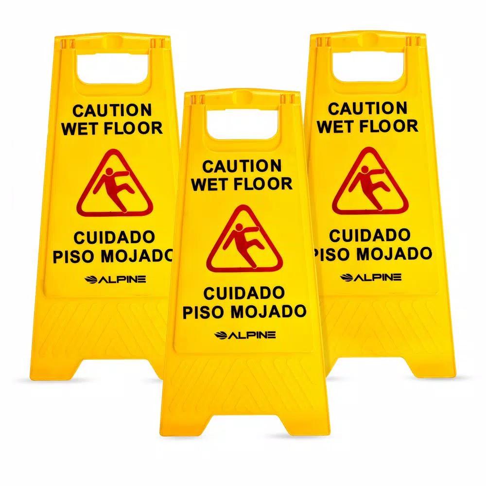 Alpine Industries 24 in. Yellow Bilingual Wet Floor Sign, 2-Sided A-Frame, 3-Pack