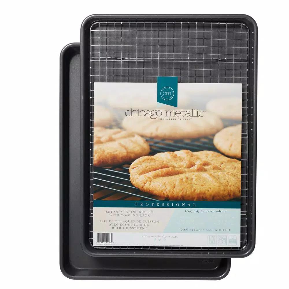Chicago Metallic Professional Non-Stick Cookie and Jelly Roll Pan Set with Cooling Rack, 3-Piece