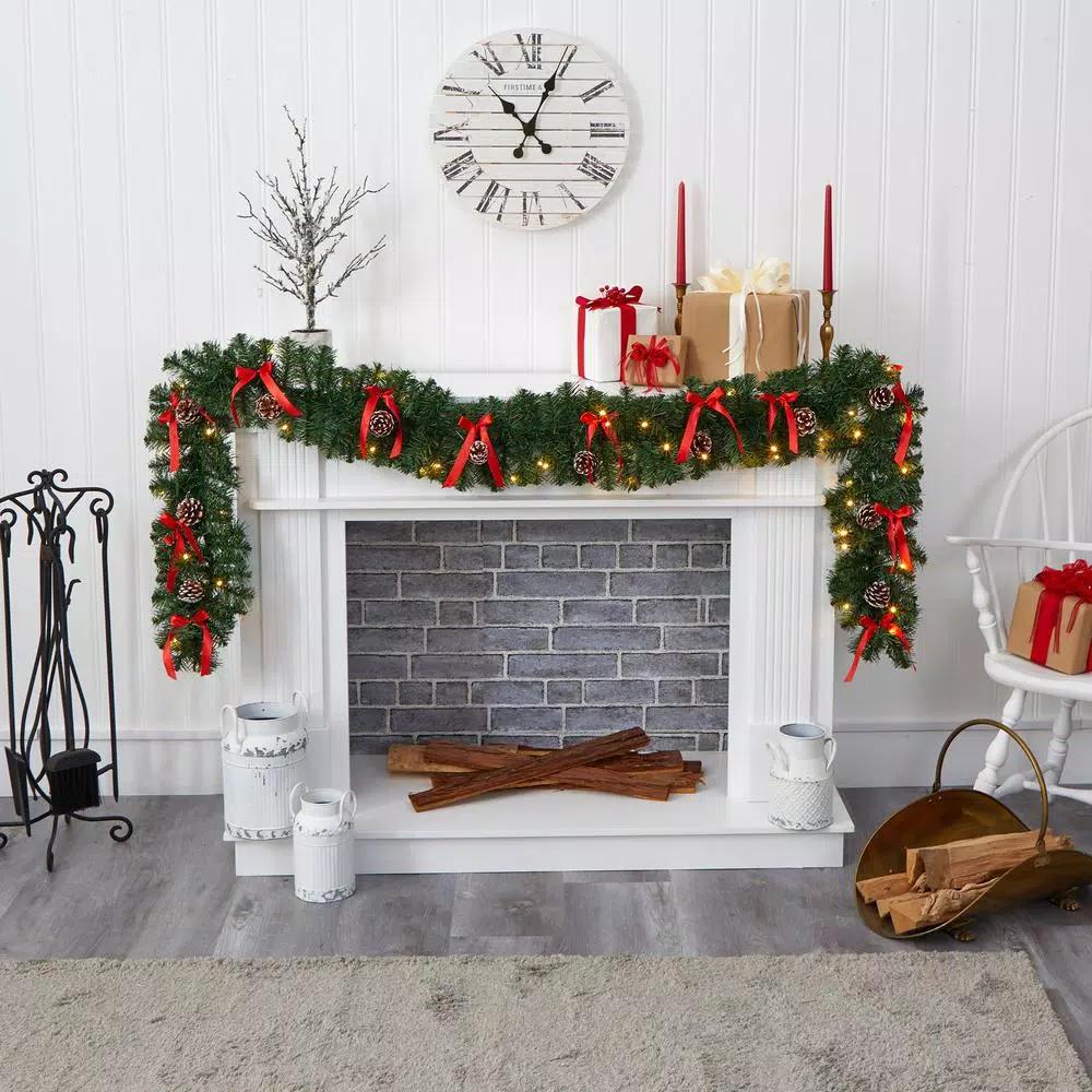 Nearly Natural 9 ft. Pre-lit Artificial Christmas Garland with Bows, Pinecones & 35 LED Lights