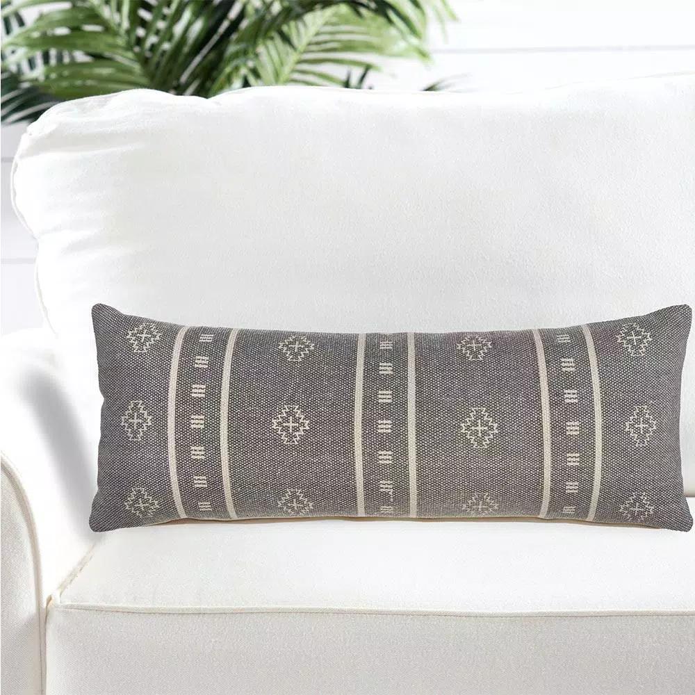 LR Home Embroidered Ethnic Floral Throw Pillow, 14 x 36 in, Gray and Cream Cotton