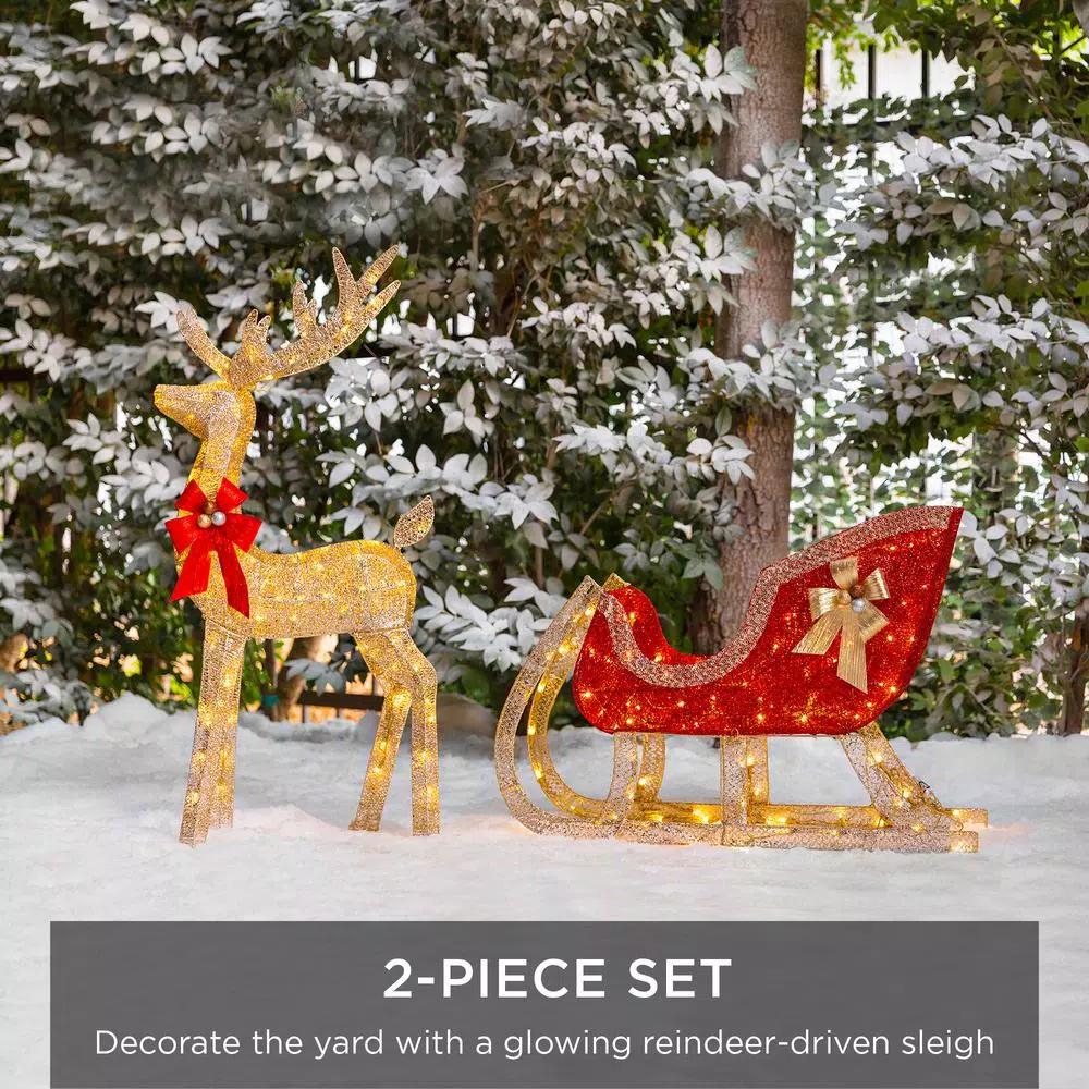Best Choice Products 48 in. LED Reindeer and Sleigh Christmas Yard Decor Set with Warm White Lights