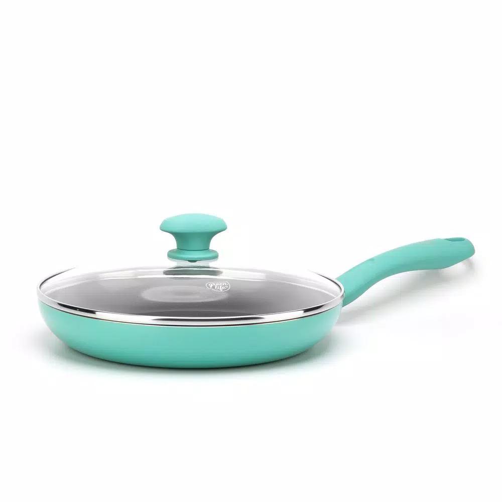 GreenLife Diamond 11 in. Aluminum Ceramic Nonstick Frying Pan with Glass Lid, Turquoise
