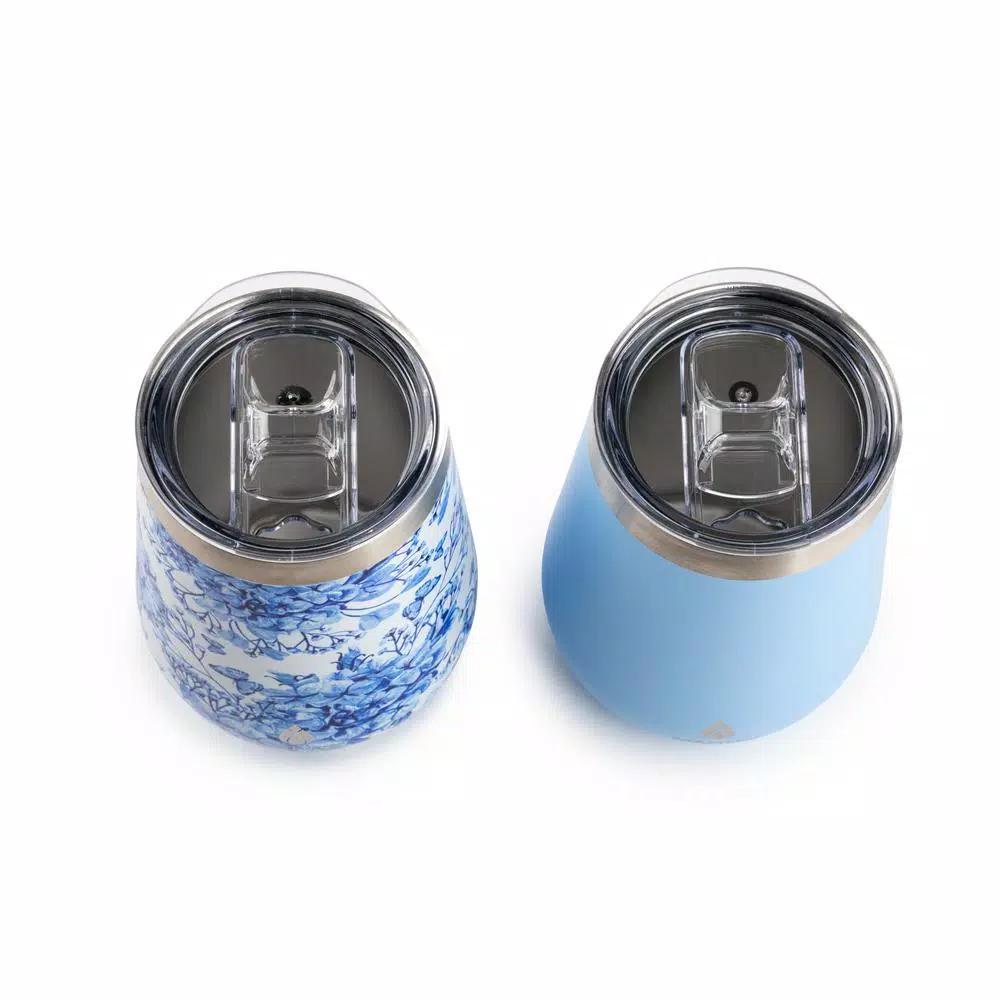 Manna Blue Hydrangena 12 oz. Stainless Steel Stemless Wine Tumblers, 2-Pack