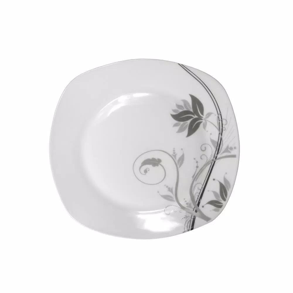 Lorren Home Trends 16-Piece Square Porcelain Dinnerware Set, Service for 4, Matte Silver and Black Floral Design