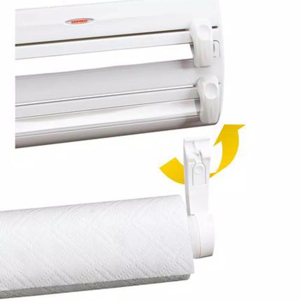 HOUSEHOLD ESSENTIALS Leifheit Wall Mount Paper Towel Holder with Spice Rack and Foil/Plastic Wrap Dispensers, White