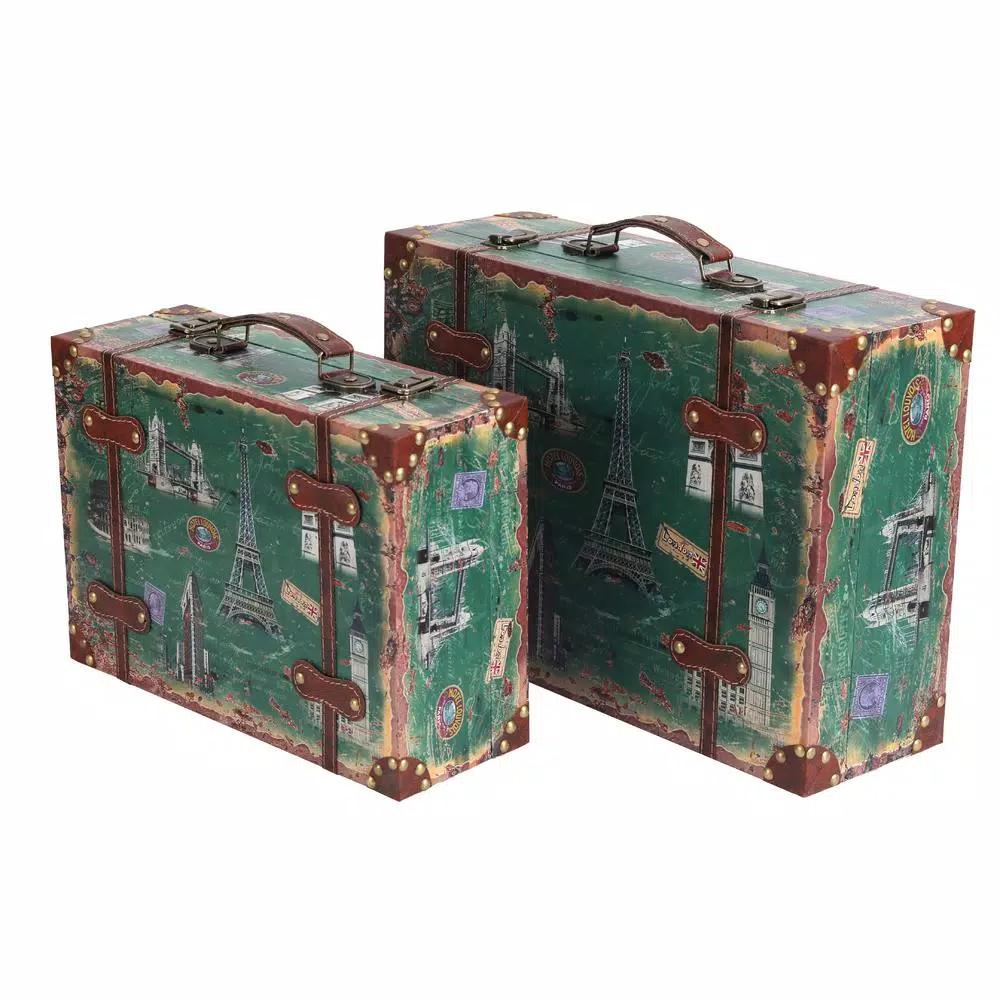 Vintiquewise Set of 2 Vintage-Style World Map Wooden Suitcase Trunks with Leather Straps - Green