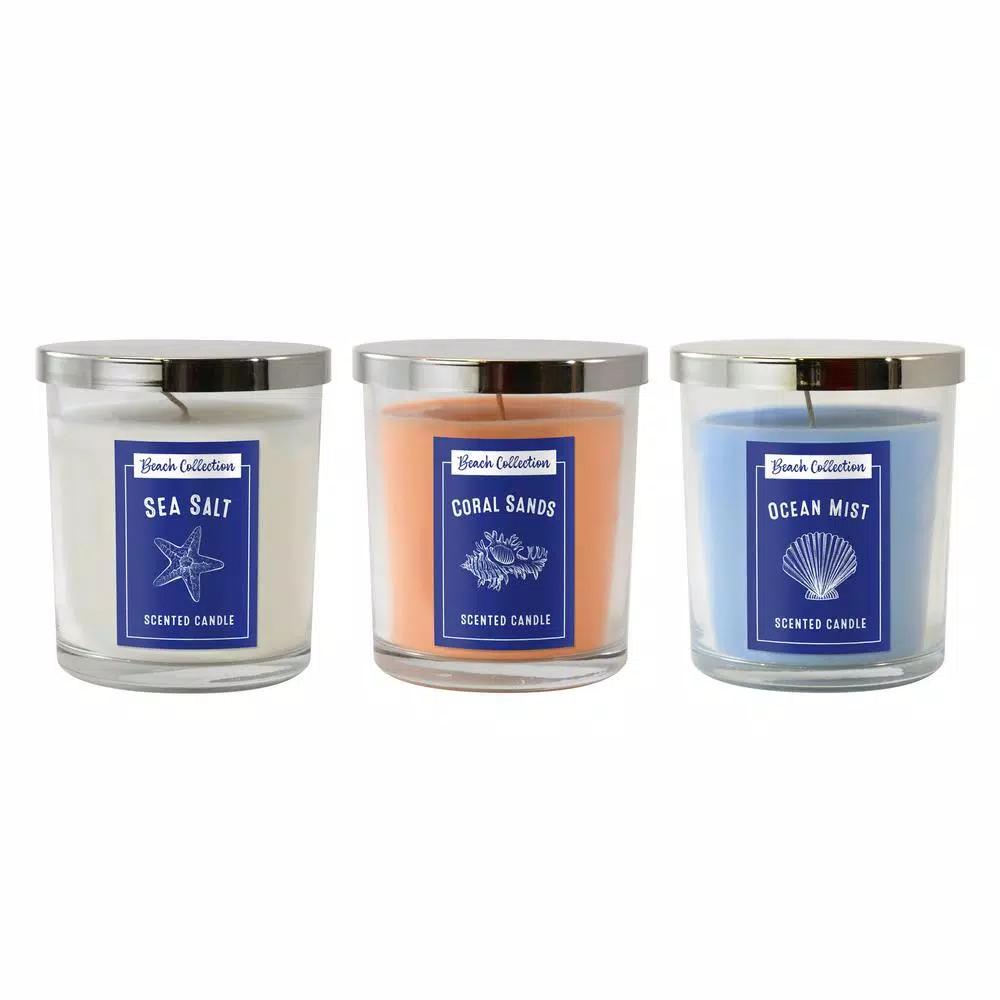 LUMABASE Beach Collection Scented Candles Set of 3 - Ocean Mist, Sea Salt, Coral Sands (10 oz. Each)