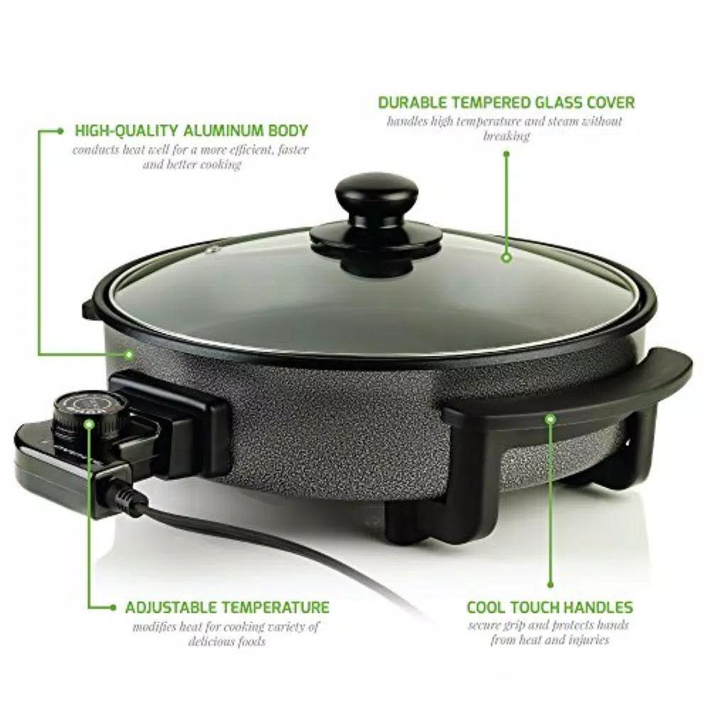 Ovente 12-Inch Electric Skillet, 1400W Non-Stick Aluminum Pan with Tempered Glass Lid