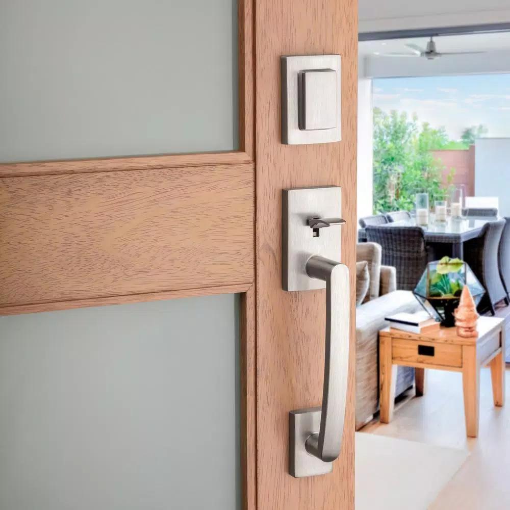 Baldwin Prestige Spyglass Single Cylinder Satin Nickel Handleset with Square Lever and SmartKey Security