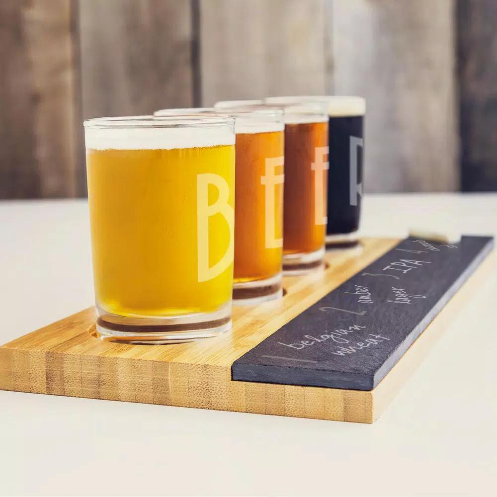 Cathy's Concepts Bamboo and Slate Craft Beer Tasting Flight Set with 4 Engraved 5.5 oz. Taster Glasses
