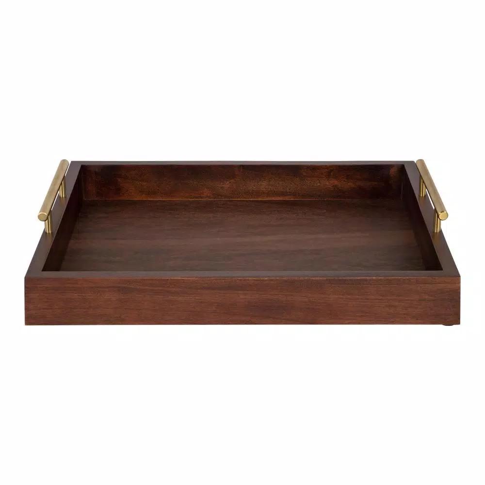 Kate and Laurel Lipton 16 in. x 12 in. Walnut Brown Decorative Wood Tray with Gold Metal Handles